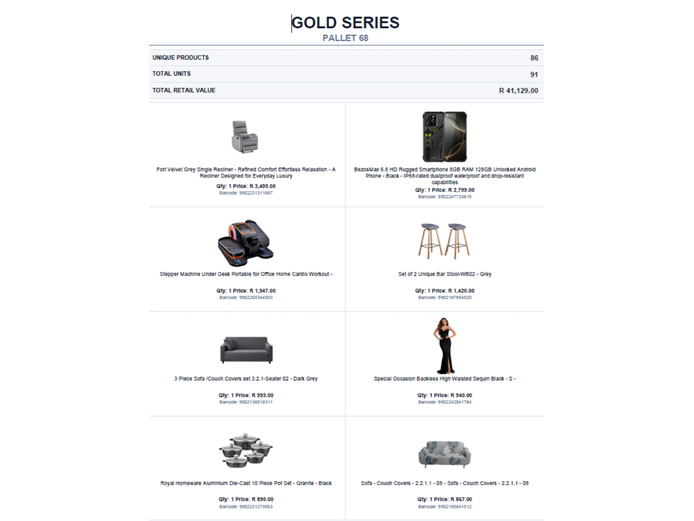 RETAIL RETURN STOCK ON PALLET TOTAL RETAIL VALUE: R41,129.00 STC