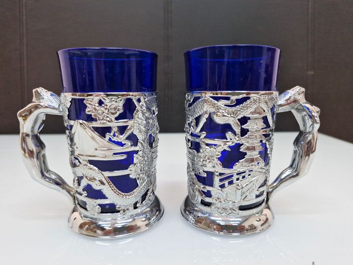Vintage Japanese Cobalt Blue Glass Mug Inserts in Dragon & Pagoda Metal Holders