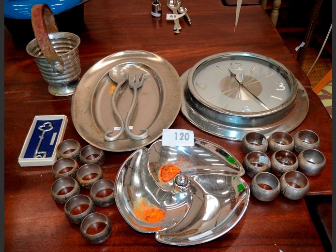 STAINLESS STEEL SNACK DISH, OVAL PLATTER, WALL CLOCK, NAPKIN RINGS, etc [#: 422545813]