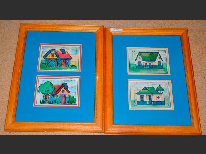 PAIR FRAMED PRINTS "COTTAGES", 14 x 10cm