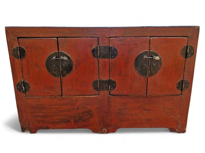 19th Century Chinese Red Lacquer Elmwood 4-Door Cabinet