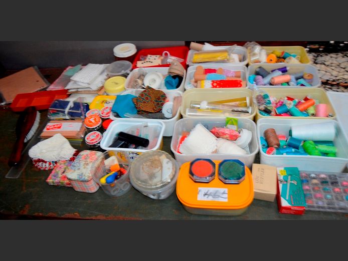 ASSORTED SEWING COTTON, LACE TRIM, BUTTONS, etc