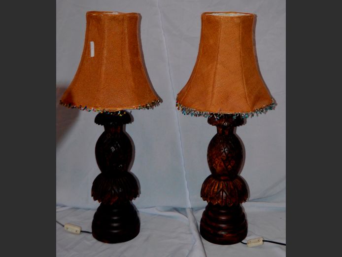 PAIR CARVED TABLE LAMPS WITH SHADES, 76cm High