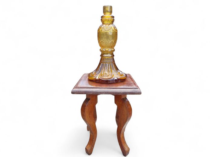 Vintage Amber Cut Bottle candle Holder & Small Wooden Table