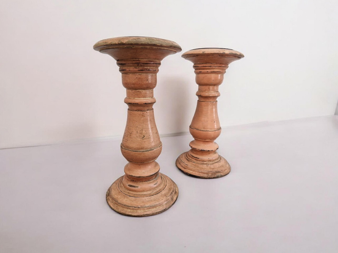 Pair of Vintage Hand-Turned Distressed Wood Pillar Candle Holders