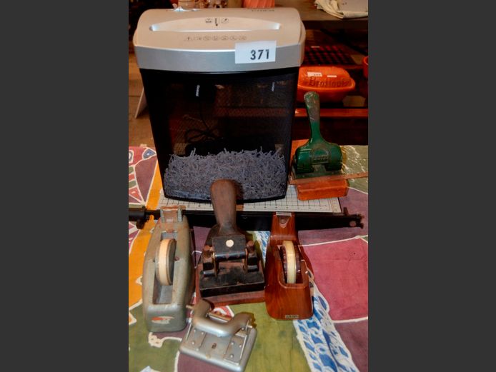 FELLOWES DESKTOP PAPER SHREDDER, GUILLOTINE, VINTAGE PUNCHES, etc [Switches on, untested further]