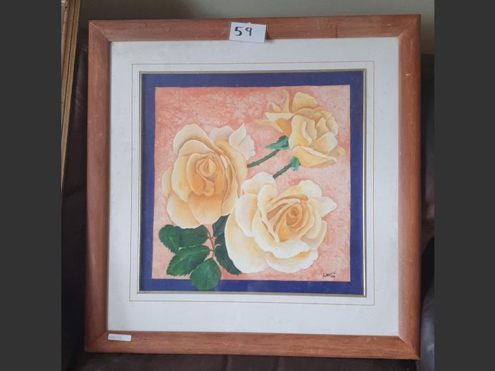 FRAMED WATERCOLOUR ON FABRIC "ROSES", 45 x 45cm