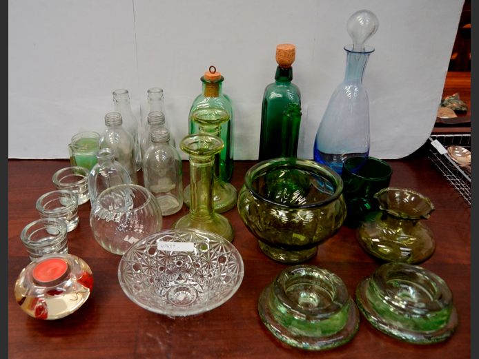 GREEN GLASS CANDLE HOLDERS, BOWLS, COLLECTABLE BOTTLES, etc