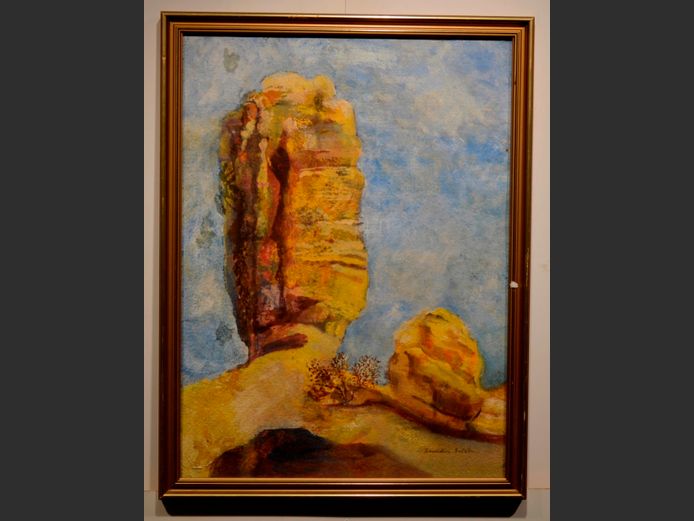 FRAMED WATERCOLOUR "FINGER OF GOD, NAMIBIA", SIGNED GERALDINE GALSTON, 48 x 64.7cm