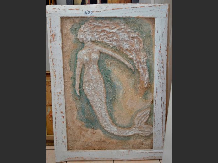 WHITE FRAMED MIXED MEDIA "MERMAID", 120.5 x 79.5cm