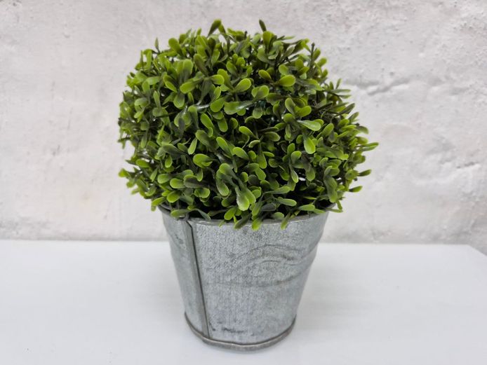 Faux Boxwood Topiary Ball in Rustic Galvanized Zinc Pot