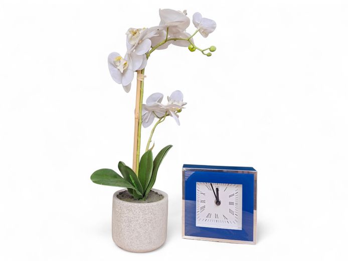 Decorative Orchid in Pot & Blue Glass Desk Clock