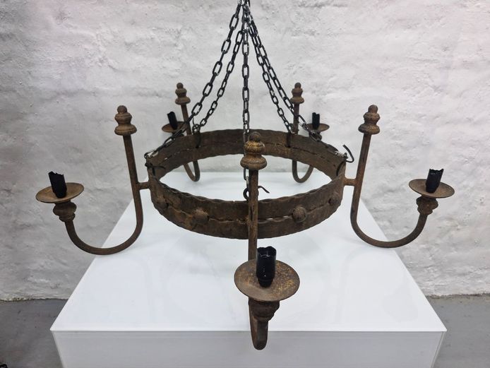 Mid-Century Gothic Revival Forged Iron 6-Light Chandelier