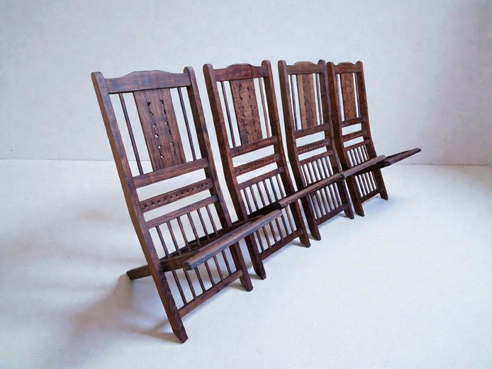 Set of 4 Campaign-Style Teak Wood Folding Chairs