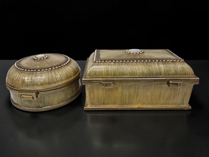 Vintage Marble/Alabaster & Gilt Metal Dressing Table Boxes – Set of 2