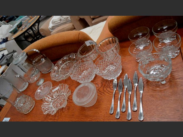 CUT GLASS BOWLS, ICE BUCKET, STAINLESS STEEL FISH KNIVES, etc