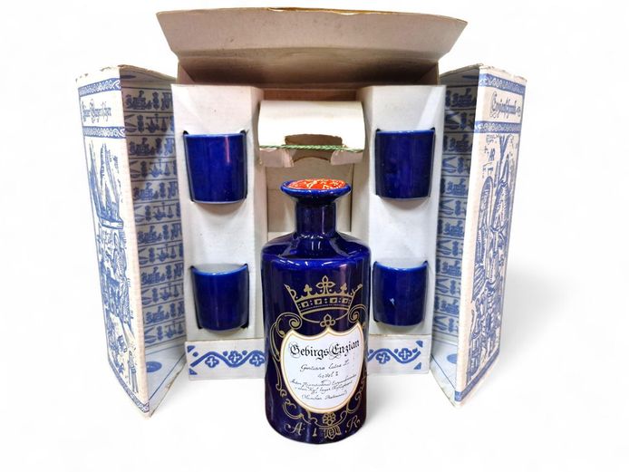 Vintage Porcelain German Enzian Bottle & Glasses