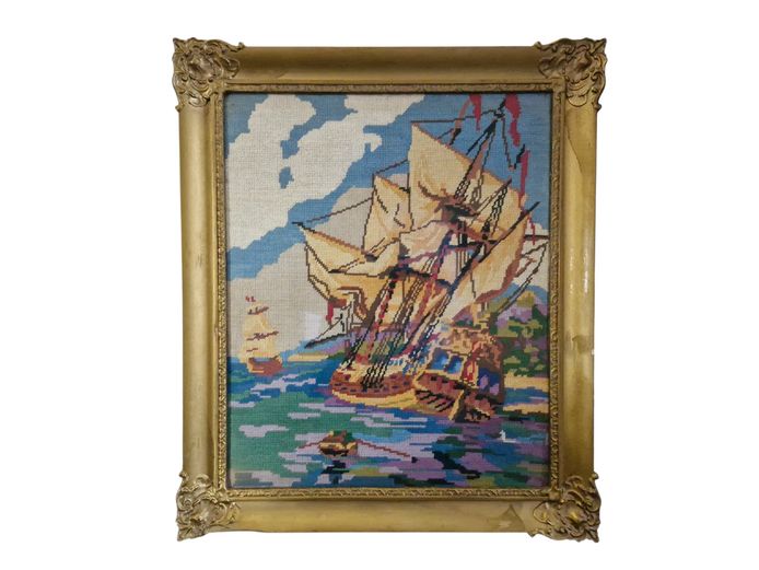 Vintage Ornate Gilt Framed Maritime Needlepoint Tapestry – Sailing Ships At Sea