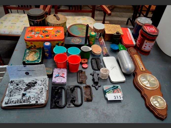 BAROMETER, VINTAGE DRAWER HANDLES,  COLLECTABLE TINS, etc