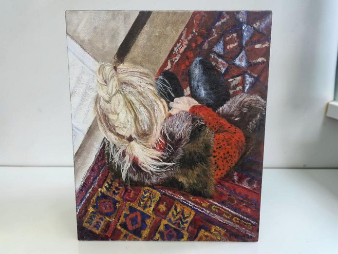 Pauline Hugo (SA, Contemporary) "Girl on a Persian Rug" Oil on Board (2011)