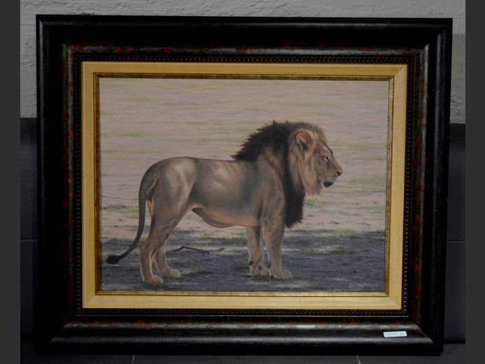 FRAMED OIL ON BOARD "LION" SIGNED ROB MACINTOSH '09, 58 x 44cm
