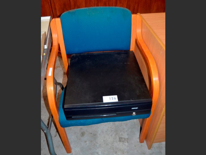 POSIFLEX CASH DRAWER [No key] & AN OAK VISITOR'S CHAIR [Chair needs re-covering]