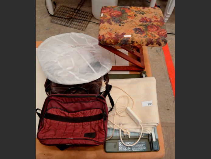 TAPESTRY UPHOLSTERED FOOTSTOOL, ELECTRIC BLANKET, MOSQUITO NET, etc