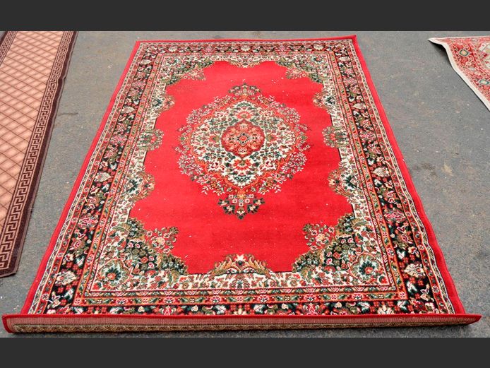 CREAM, BURGUNDY & BLUE WOOL RUG, 230 x 160cm