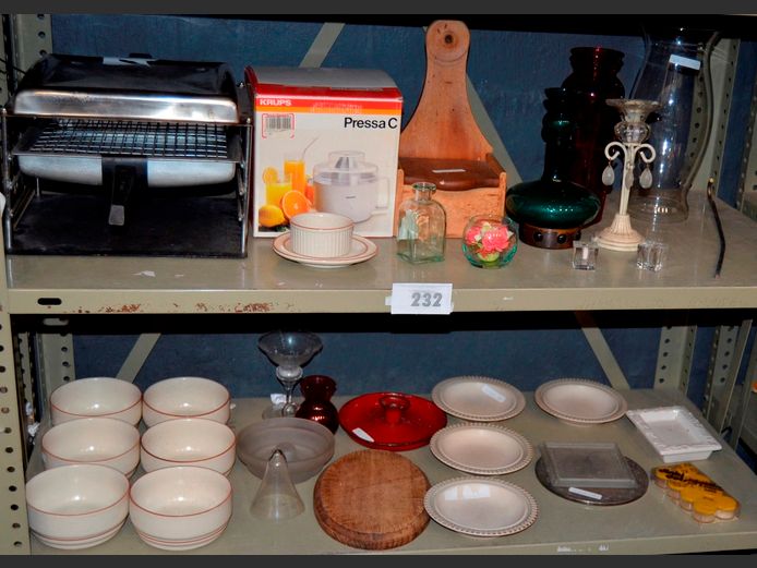 RED & GREEN GLASS VASES, CANDLE HOLDERS, VINTAGE WOODEN WALL MOUNT SALT BOX, STONEWARE BOWLS, KRUPS PRESSA C JUICER, T.V. GRILL, etc [78,79,80] [Untested]