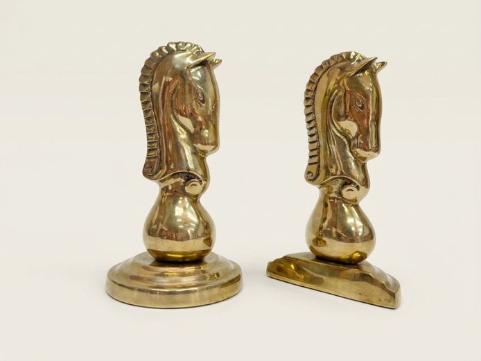 Mid-Century Cast Brass Equestrian Horse Head Chess Knight Bookends