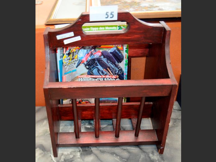 STAINED PINE MAGAZINE RACK, 33 x 26 x 35cm