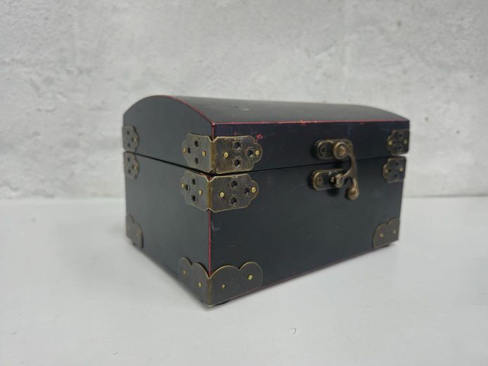 Vintage Wooden Jewelry Box with Metal Brackets & Velvet Interior