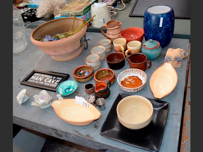 STONEWARE BOWLS, JUG, VASE, POTTERY PLANTER, etc