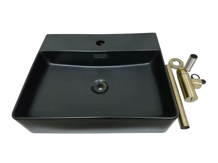 Contemporary Matte Black Ceramic Vessel Basin with Brushed Brass Hardware