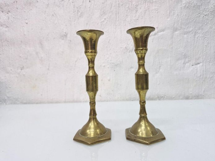 Pair of Vintage Brass Candlesticks with Hexagonal Bases