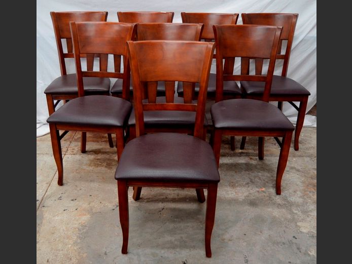 SET OF 8 WOODEN CHAIRS WITH BROWN VINYL SEATS