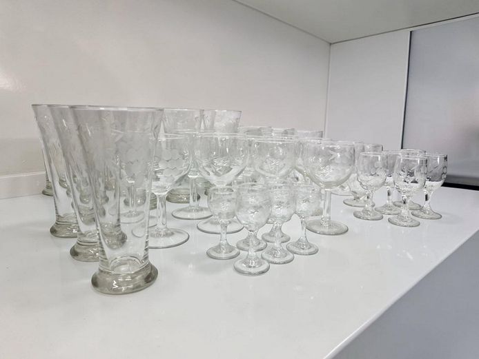 Vintage Etched Grape Pattern Glassware Collection