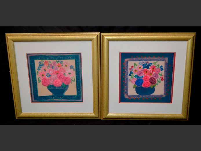 PAIR GILT FRAMED MIXED MEDIA ON FABRIC "FLOWERS", 44 x 43cm