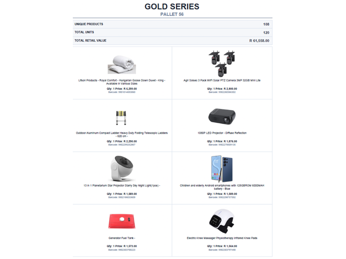 RETAIL RETURN STOCK ON PALLET TOTAL RETAIL VALUE: R61,558.00 STC