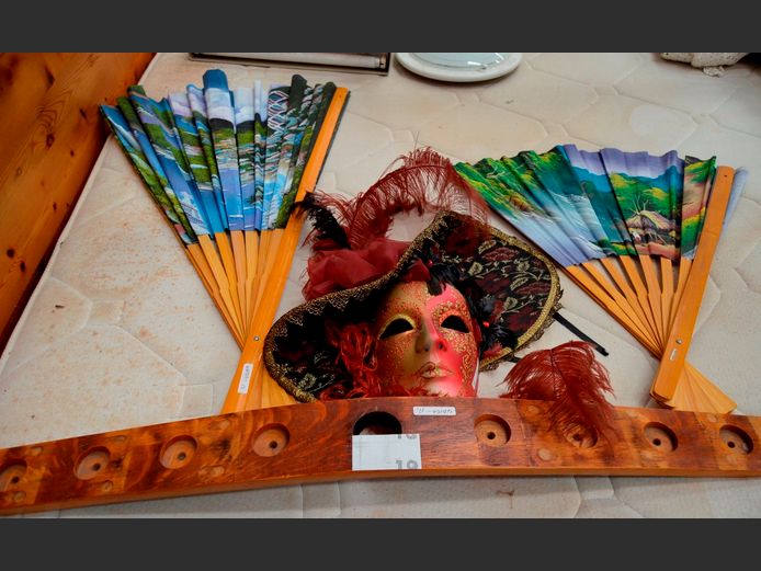ORNAMENTAL CHINESE FANS, FEATHERED MASK & A CANDLE HOLDER