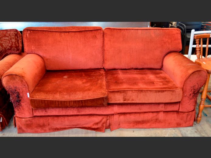 DARK RED UPHOLSTERED 2-SEATER COUCH, 195 x 95cm [Needs re-covering]