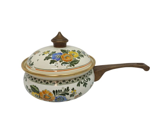 Vintage Floral Enameled Steel Lidded Saucepan with Cast Brass Handle (No. 14)
