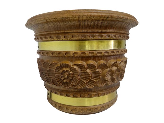 Decorative Faux Carved Wood and Metal Banded Planter