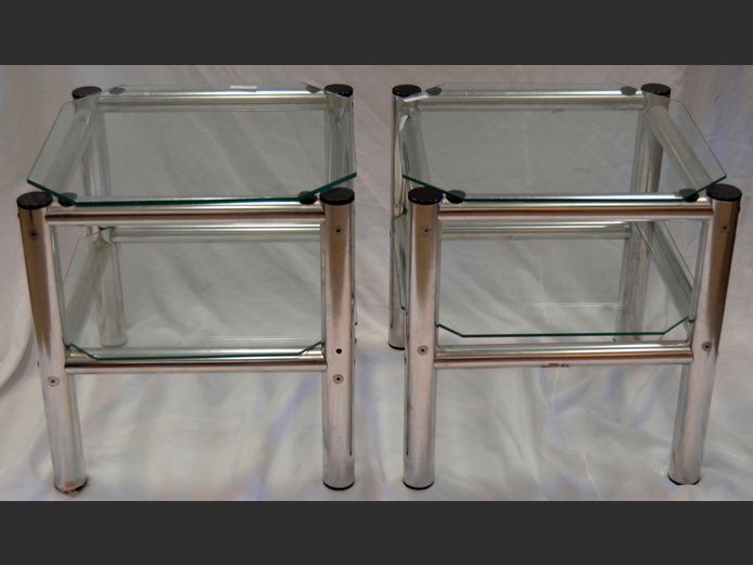 PAIR CHROME & GLASS SIDE TABLES WITH BOTTOM SHELVES, 48 x 48 x 51cm