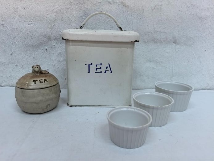 Vintage Enamel Tea Caddy, Ceramic Tea Pot, and Ramekins Set