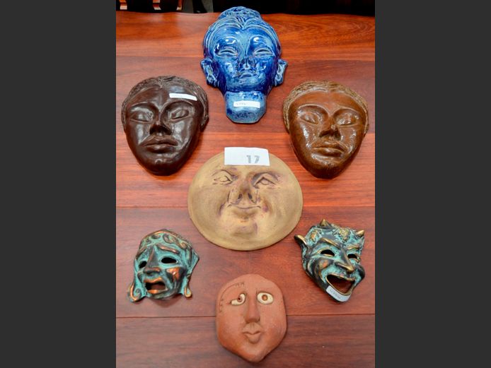 SET OF 2 BRASS COMEDY & TRAGEDY MASKS & COLLECTION POTTERY MASKS