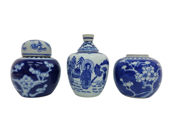 A Trio of Vintage Miniature Blue and White Porcelain Jars