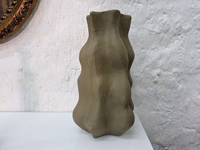 Modern Organic Rippled Khaki Ceramic Vase