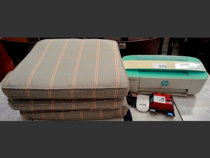 HP DESKJET PRINTER, MOUSE & 3 PATIO CHAIR CUSHIONS [Untested]