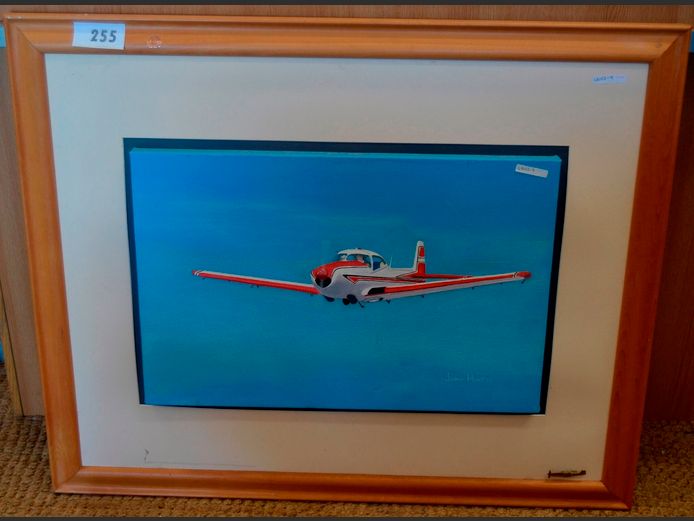 BEECHWOOD FRAMED OIL ON CANVAS "PIPER PA24-260 COMANCHE AIRCRAFT" SIGNED JOHN HEATH, 60 x 40cm